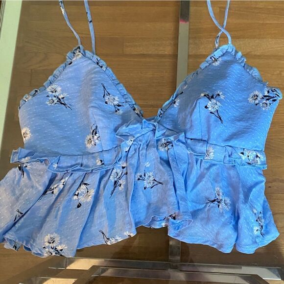 Cropped ruffled, camisole tops, adj straps, blue with  floral, print, side zip - Picture 3 of 9